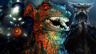 Gypsy Danger from Pacific Rim, Gorgo, and the monster from Colossal in a composite image