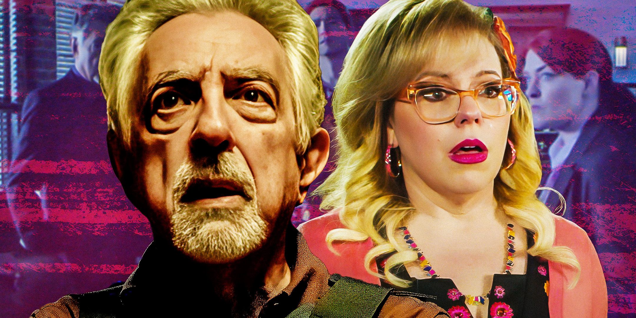 Joe Mantegna and Kirsten Vangsness as David Rossi and Penelope Garcia set against a muted scene in Criminal Minds.