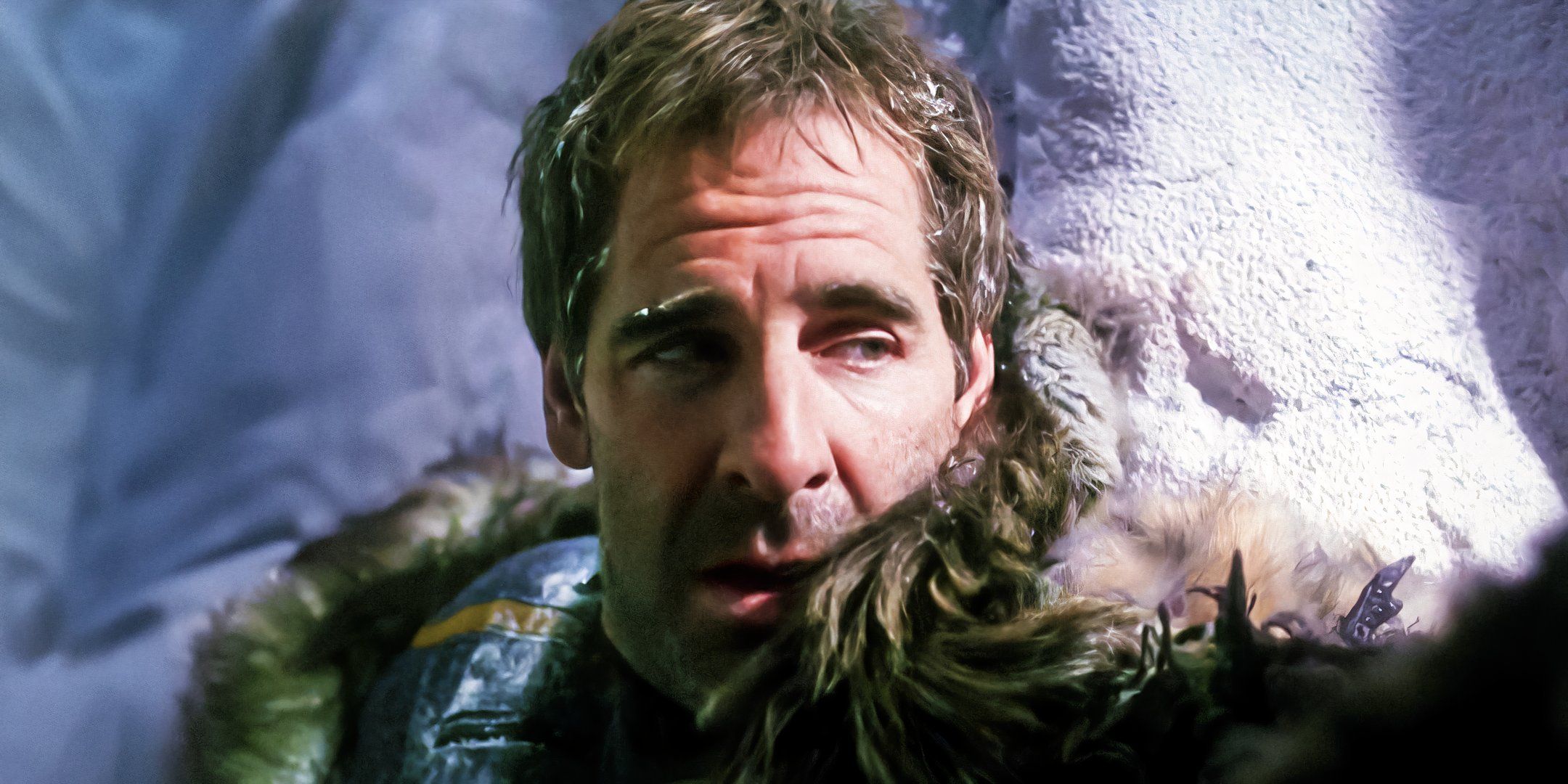 Captain Archer wearing a fur jacket in Klingon prison
