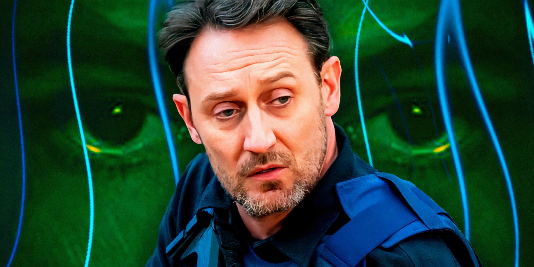 Will Lamontagne Jr in Criminal Minds Evolution over a backdrop of imagery from the show