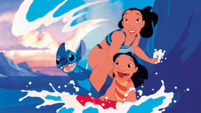 Stitch, Nani, and Lilo surfing in Lilo & Stitch