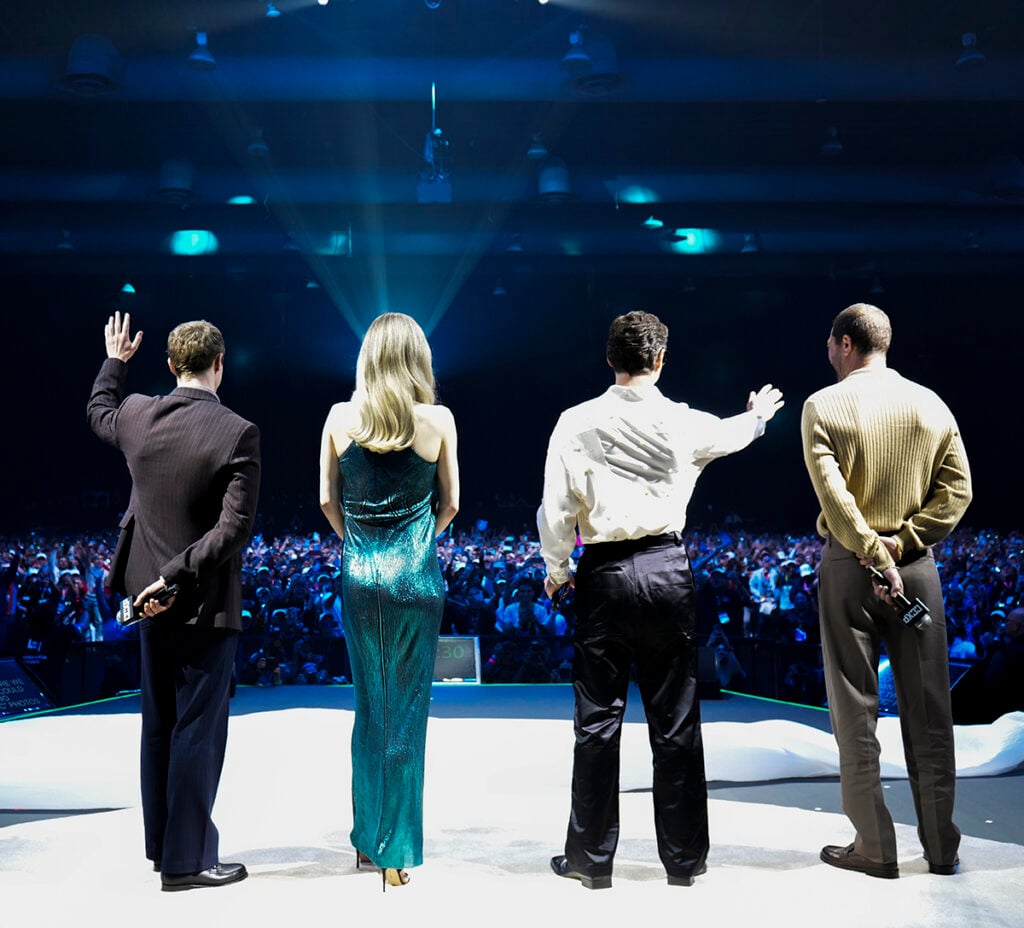 Joseph Quinn, Vanessa Kirby, Pedro Pascal and Ebon Moss-Bachrach attends the 2025 CCXP Mexico 'The Fantastic Four: First Steps'