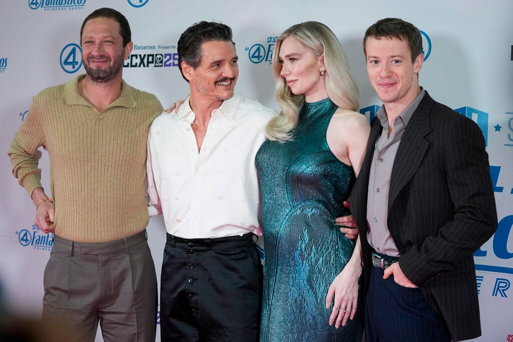 Joseph Quinn, Vanessa Kirby, Pedro Pascal and Ebon Moss-Bachrach attends the 2025 CCXP Mexico 'The Fantastic Four: First Steps'