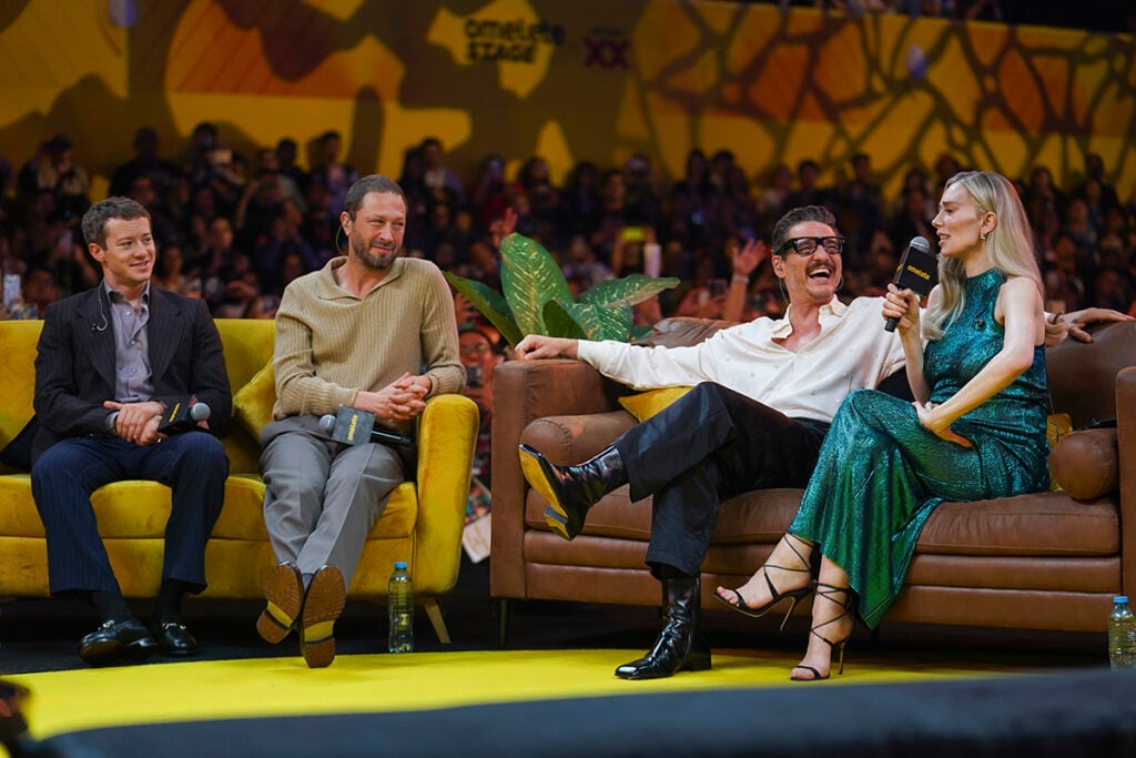 Joseph Quinn, Ebon Moss-Bachrach, Pedro Pascal and Vanessa Kirby attend the 2025 CCXP Mexico 'The Fantastic Four: First Steps'