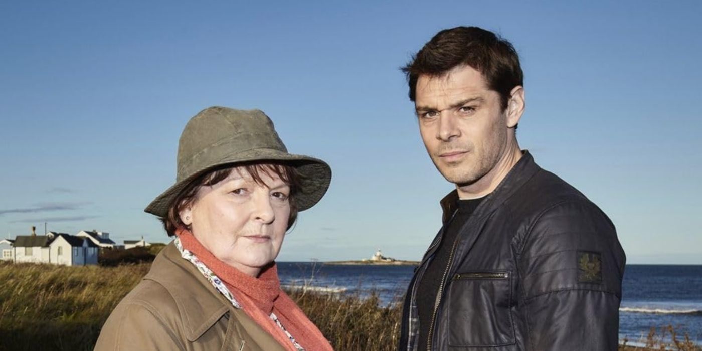 Brenda Blethyn wears a bucket hat and a salmon-colored scarf and stands opposite Kenny Doughty in 'Vera'