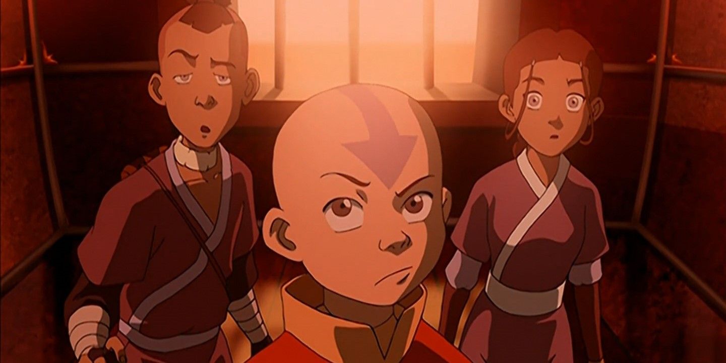 Aang, Sokka, and Katara look concerned, standing in front of a window in Avatar: The Last Airbender.
