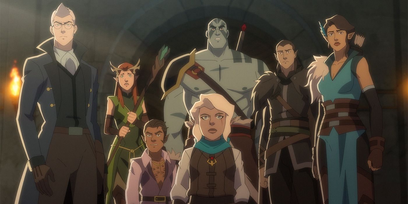 The Vox Machina crew standing together with their weapons