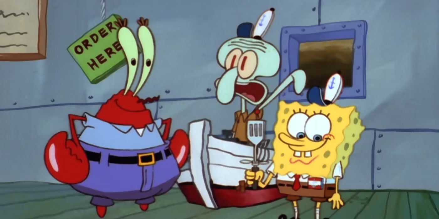 SpongeBob, Squidward, and Mr. Krabs stand together and talk in SpongeBob SquarePants' Help Wanted.