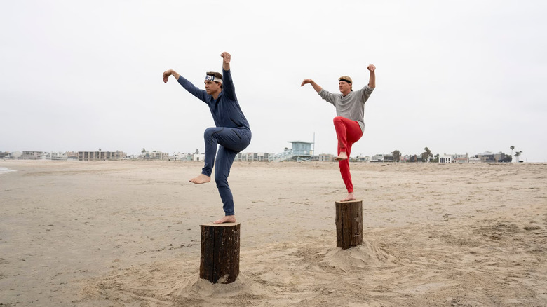 Daniel and Johnny do the crane kick at the beach in Cobra Kai