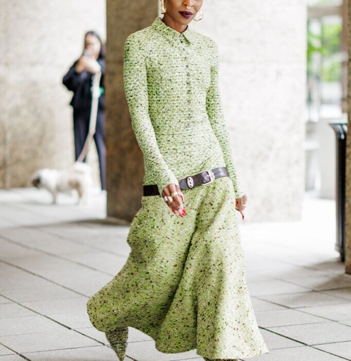 Cynthia Erivo 'Wicked: For Good' New York Press Tour Diesel green tweed dress.