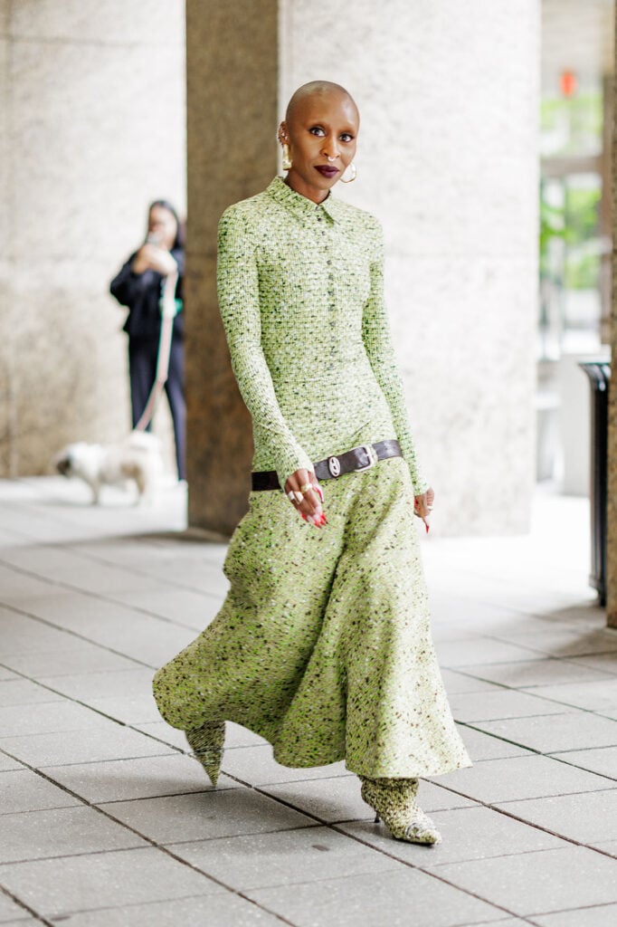 Cynthia Erivo 'Wicked: For Good' New York Press Tour Diesel green tweed dress.