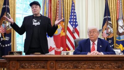 Tesla CEO Elon Musk speaks alongside U.S. President Donald Trump to reporters in the Oval Office of the White House on May 30, 2025 in Washington, DC. Musk, who served as an adviser to Trump and led the Department of Government Efficiency, announced he would leave his role in the Trump administration to refocus on his businesses.