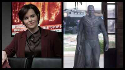 (Left) Emily Hampshire in Caitlin Cronenberg's 'Humane.' Courtesy of Steve Wilkie. An IFC Films & Shudder Release. (Right) Paul Bettany as The Vision in Marvel Studios' 'Wandavision' exclusively on Disney+. Photo courtesy of Marvel Studios. ©Marvel Studios 2021. All Rights Reserved.