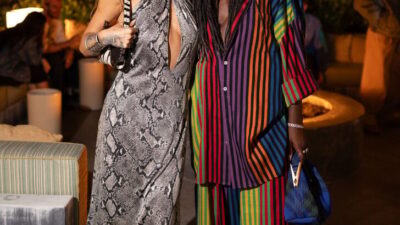 Rita Ora snake print Tom Ford for Gucci Spring 2000 keyhole dress and Jodie Turner-Smith Christopher John Rogers rainbow strip at We Matter x Limitless Dinner