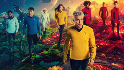 Babs Olusanmokun as M'Benga, Ethan Peck as Spock, Jess Bush as Chapel, Rebecca Romijn as Una, Anson Mount as Pike, Celia Rose Gooding as Uhura, Christina Chong as La'an, and Melissa Navia as Ortegas in the official poster for Strange New Worlds season 3
