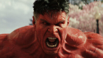 Harrison Ford as Red Hulk roaring in the street in Captain America: Brave New World