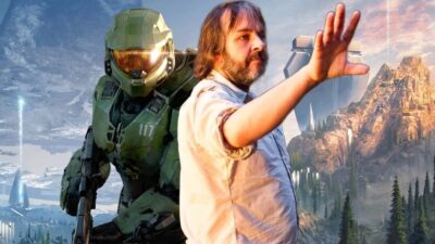 Master Chief from Halo and Peter Jackson stood next to each other with Halo in the background