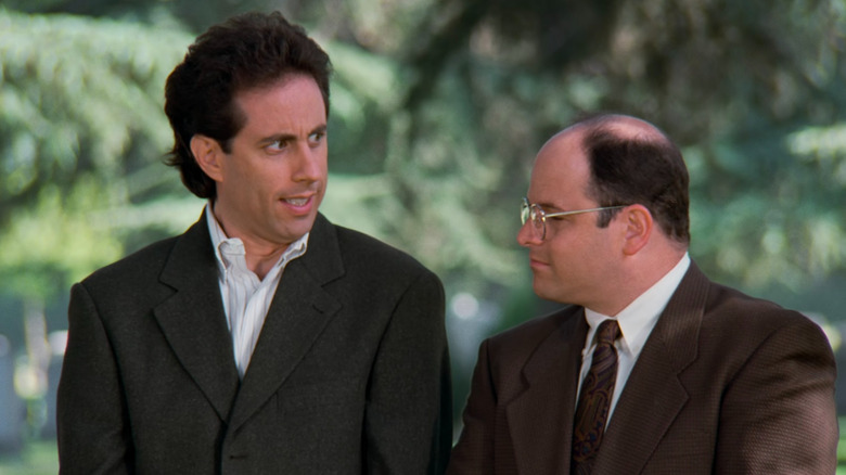 Jerry Seinfeld and George Costanza looking concerned in Seinfeld