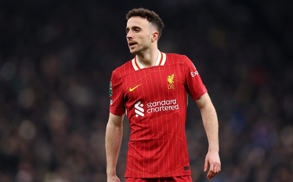 Diogo Jota of Liverpool looks on during the Carabao Cup Semi Final First Leg match between Tottenham Hotspur and Liverpool at Tottenham Hotspur Stadium on January 08, 2025 in London, England.
