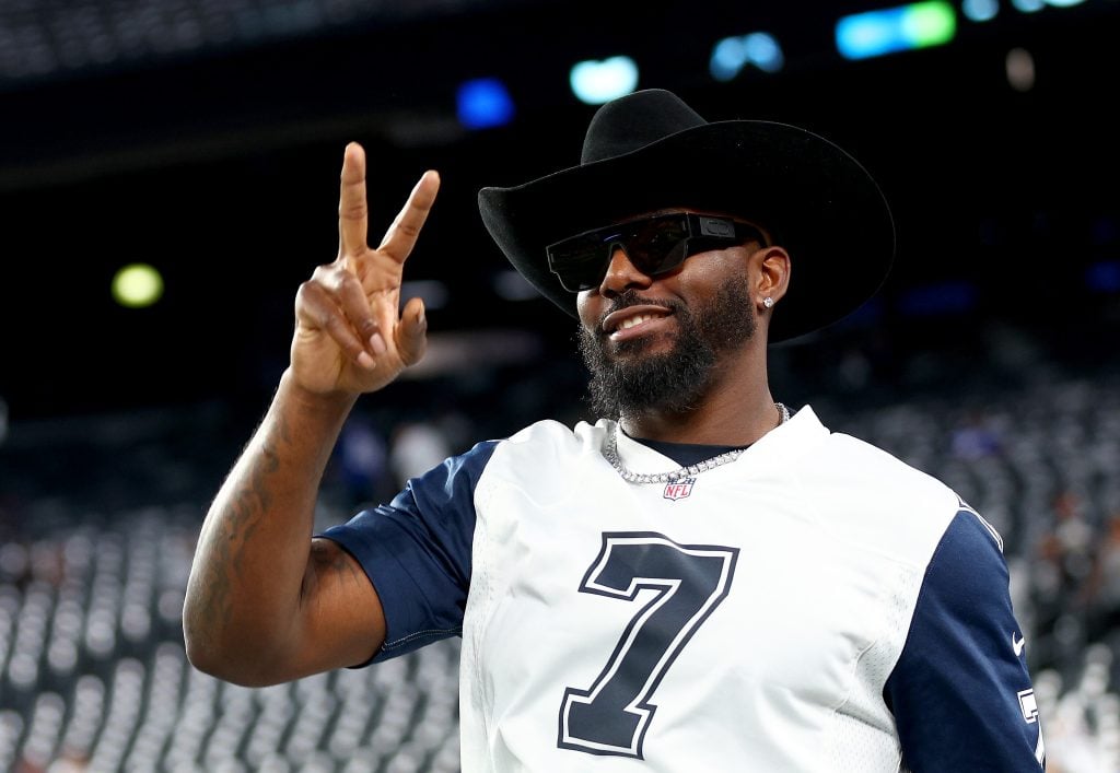 Former Dallas Cowboys wide receiver Dez Bryant walks on the field before the game between the New York Giants and the Dallas Cowboys at MetLife Stadium on September 26, 2022 in East Rutherford, New Jersey.