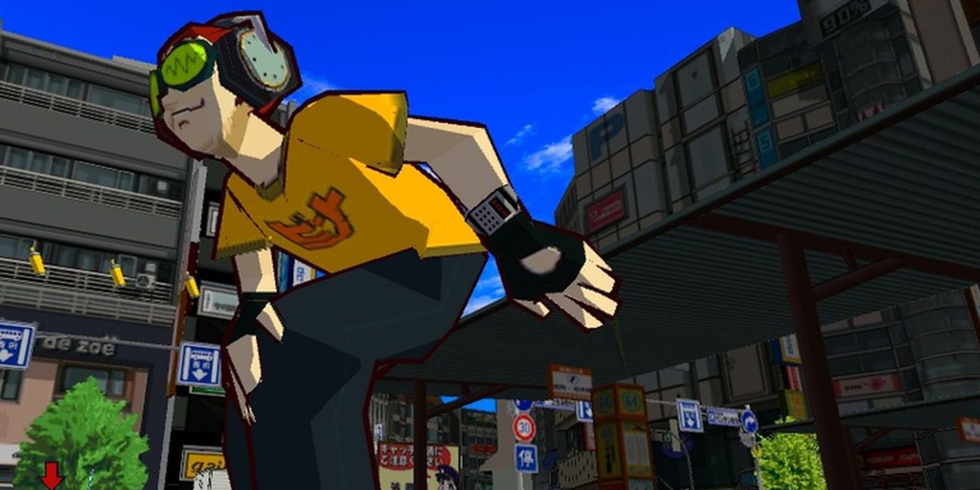 Jet Set Radio protagonist Beat inline skating in an urban environment.
