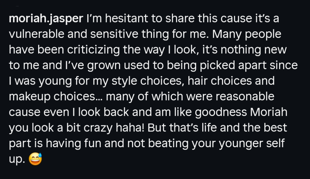 A dark mode screenshot of Moriah Plath's alopecia post, part 1.