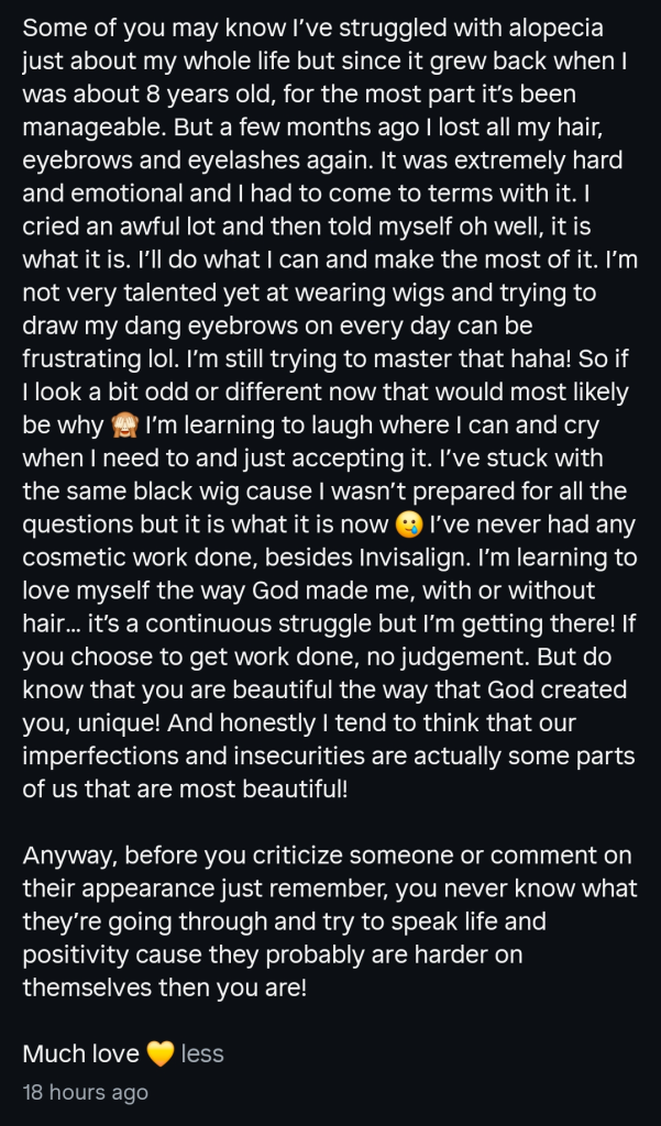 A dark mode screenshot of Moriah Plath's alopecia post, part 2.