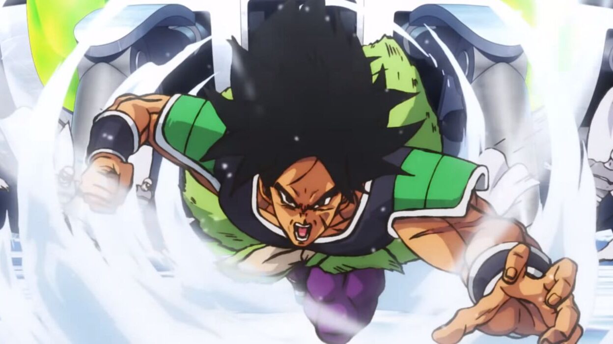 Dragon Ball Super Broly beginning his fight with Goku and Vegeta by charging forward.