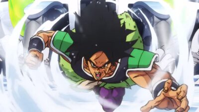 Dragon Ball Super Broly beginning his fight with Goku and Vegeta by charging forward.