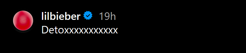 A dark mode screenshot of Justin Bieber's caption which reads "Detoxxxxxxxxxx" on Instagram.