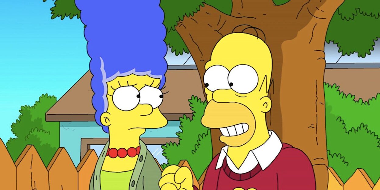 An older Homer smiles at a worried Marge in The Simpsons