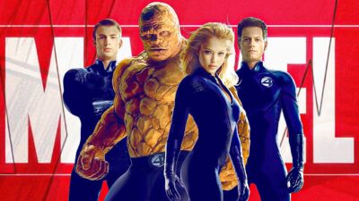 The cast of 2005's Fantastic Four in front of a Marvel Banner